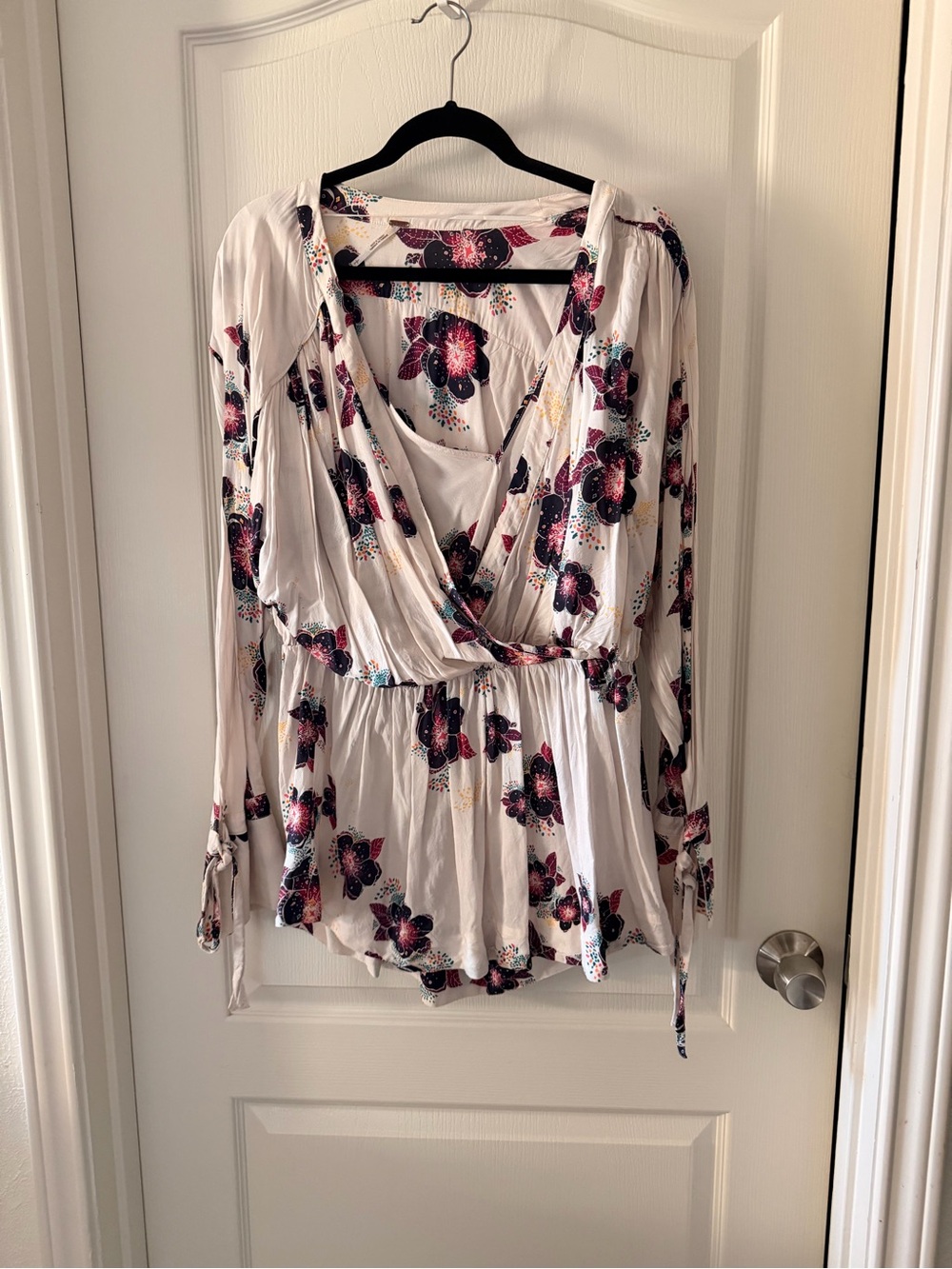 Free People Women's White Floral Wrap Blouse - Flowing Long Sleeve Top